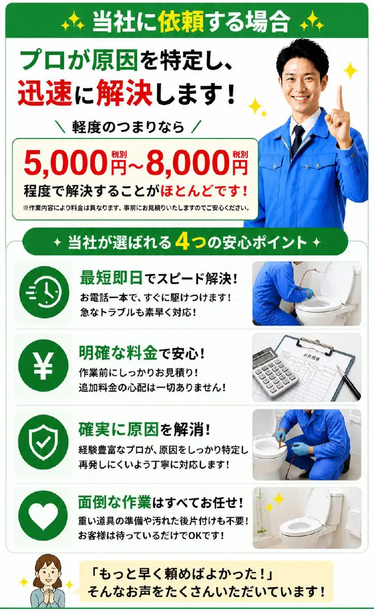 自分で直すか迷っているあなたへ。そのつまり、業者に頼んだほうが早く・安く・確実に解決できます！私たちにお任せいただくのが、一番安心です！